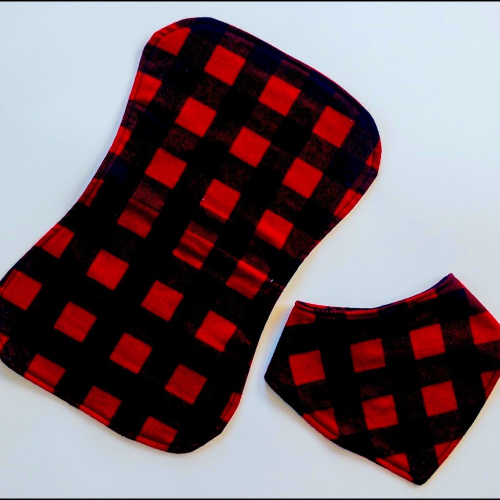 Buffalo plaid bib and burp cloth set